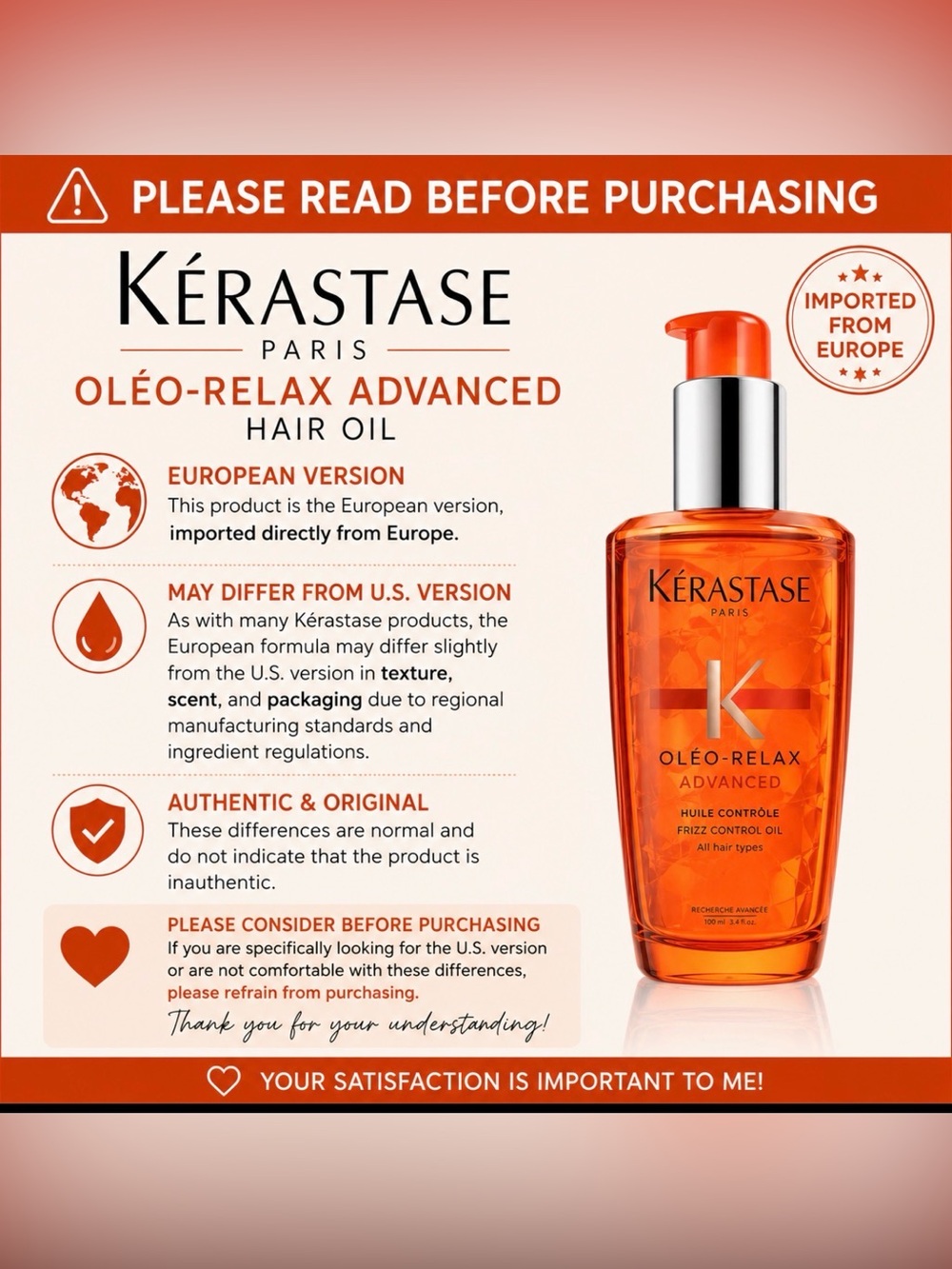 Kerastase Discipline Oleo Relax Hair Oil EUROPEAN VERSION READ DESCRIPTION